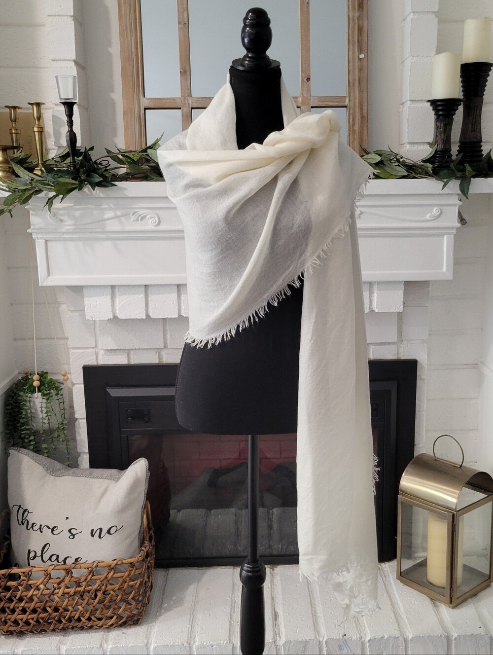 Minimalist Soft Ivory Fringe Cashmere And Silk Blend Throw Shawl Scarf